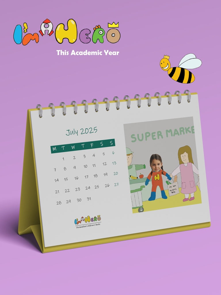 personalised desk calendar with dates of July 2025 and photo of girl kid at supermarket 