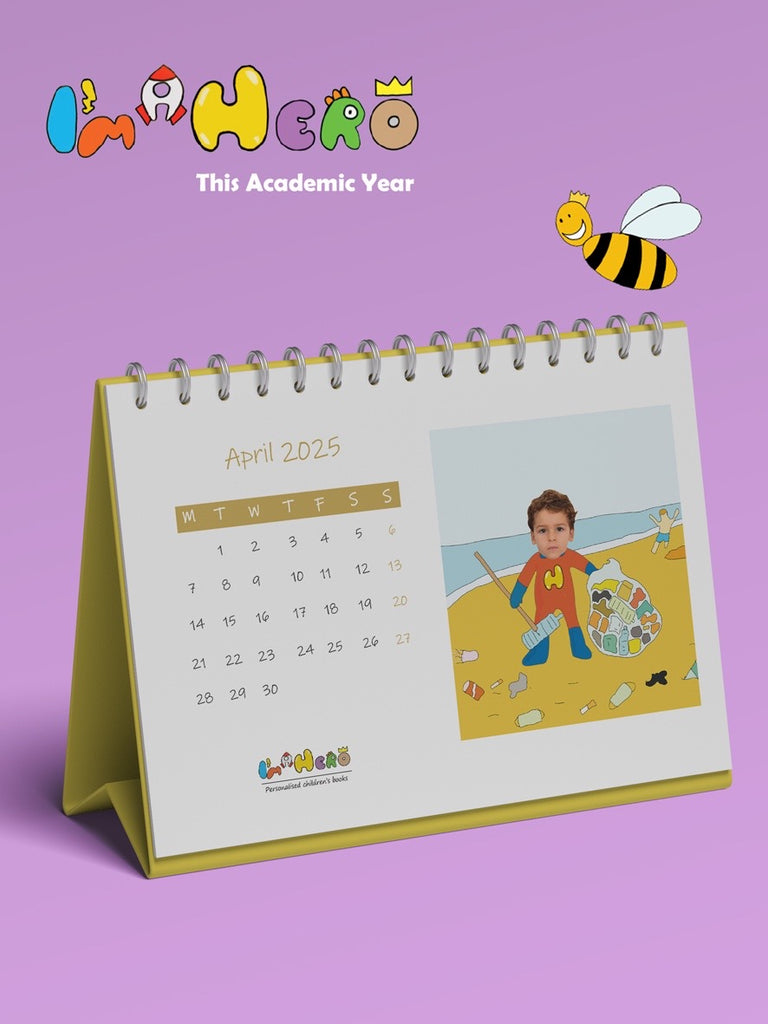 personalised desk calendar with dates of April 2025 and photo of boy kid at beach