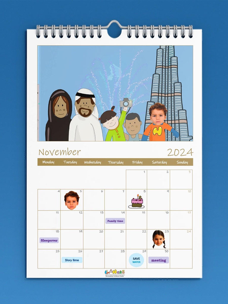 A personalised wall calender with family illustration with date of Nov 2024