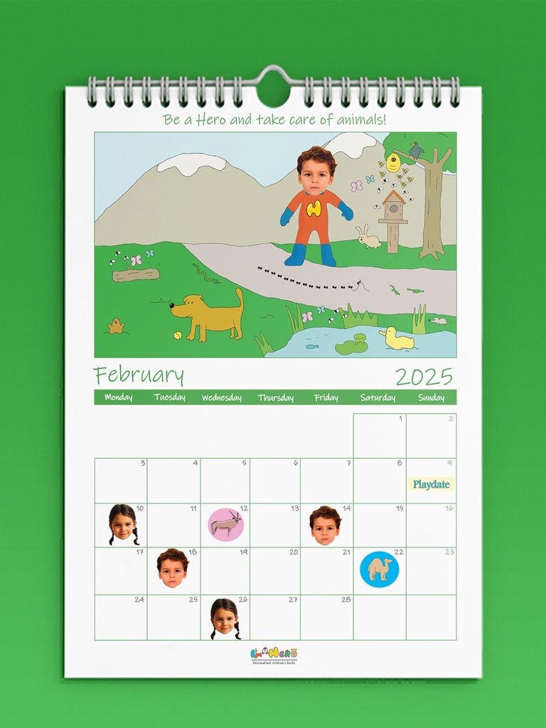  I am hero wall calendar of Feb 2025 with a kid image and  slogan be a hero and take care of animals