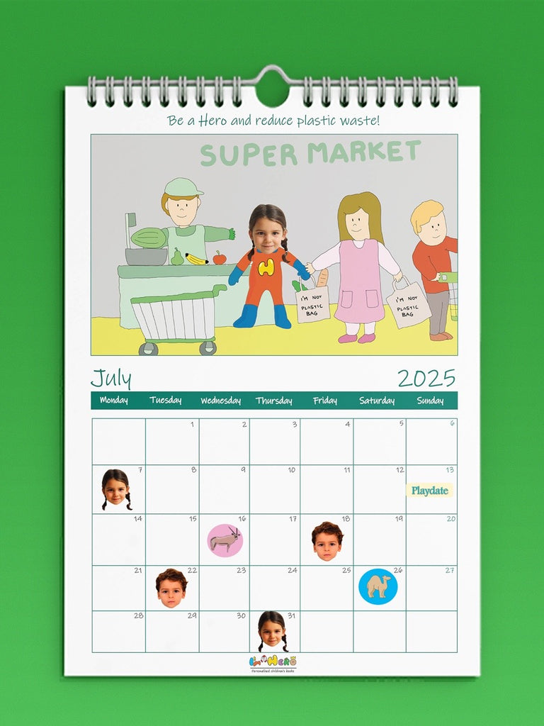 I am hero wall calendar of july 2025 with a kid image and slogan be a hero and reduce plastic waste