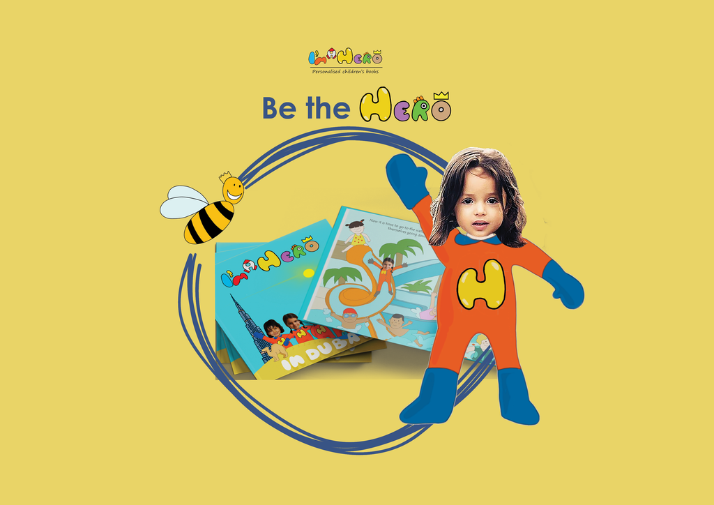 Child in superhero costume with books and a bee illustration on a yellow background with text "Be the Hero"